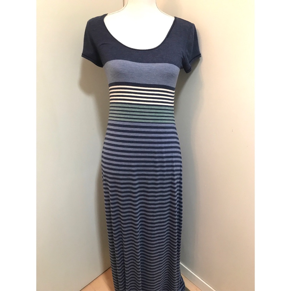Short sleeve blue and green stripe maxi dress